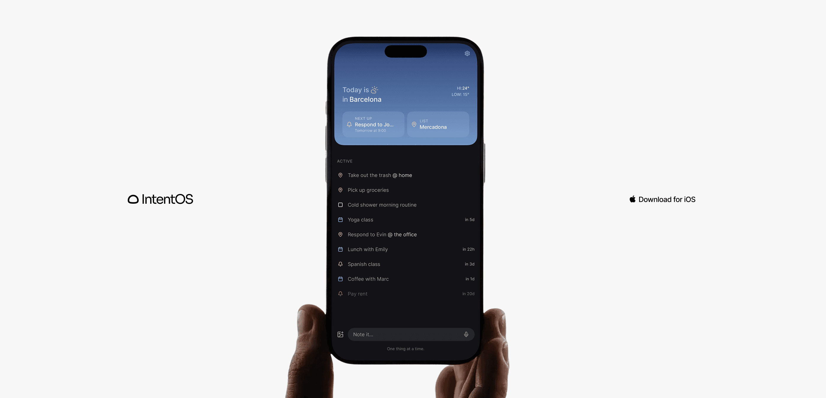 IntentOS iOS app held in a hand, a day planner on a dark screen