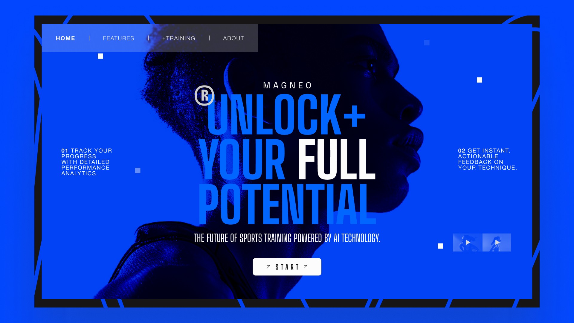 Magneo website in electric blue with an athlete portrait