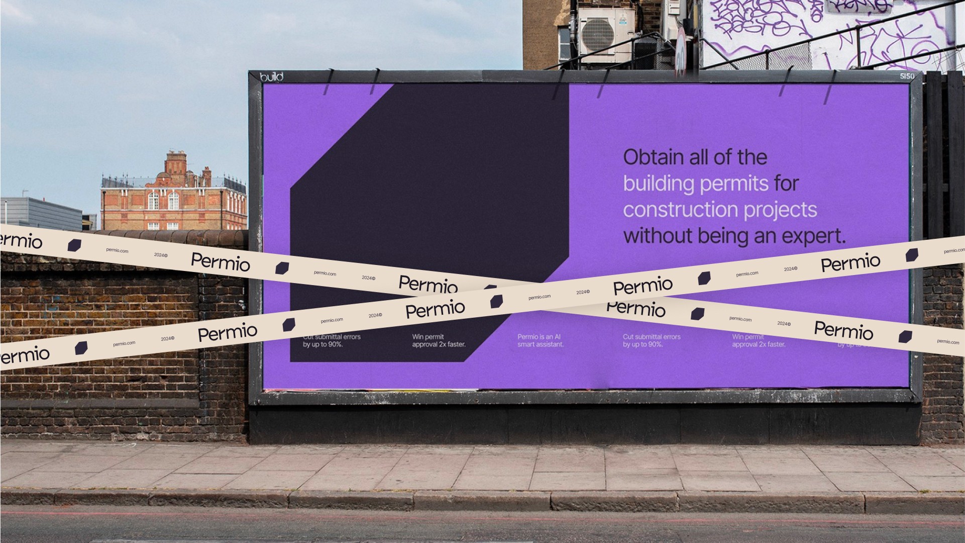 Permio billboard in a London street, purple poster wrapped in branded tape