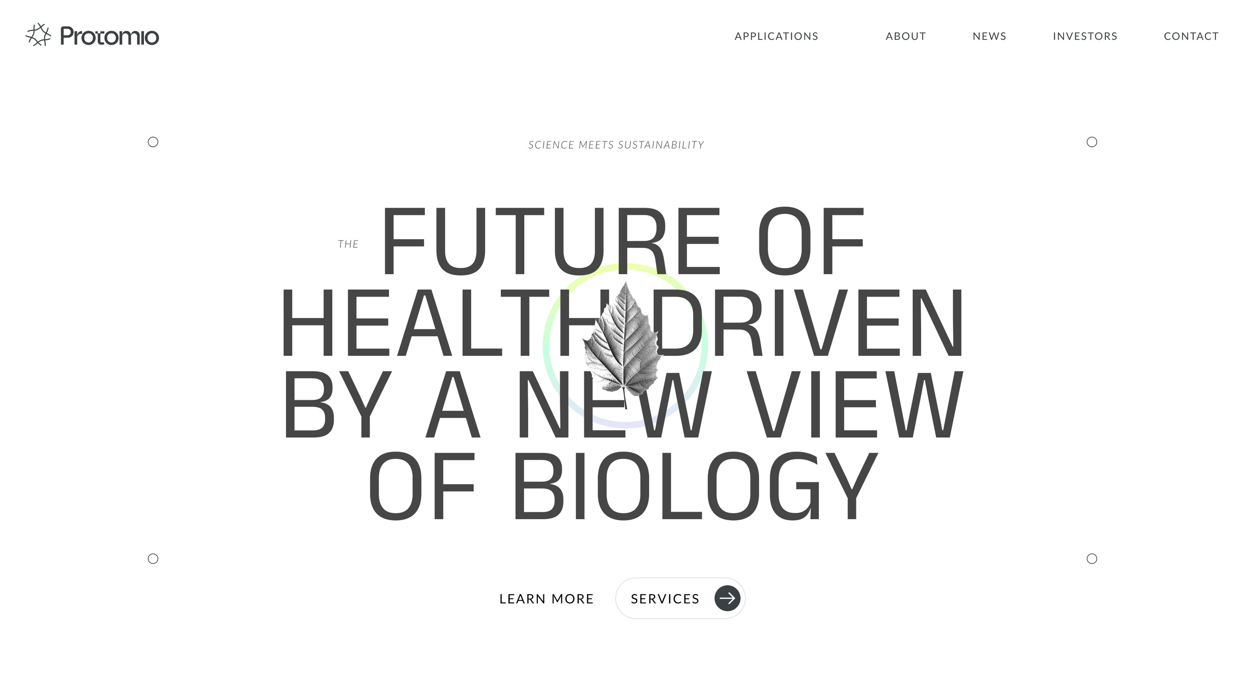 Protomio website homepage with a leaf in the centre of the headline